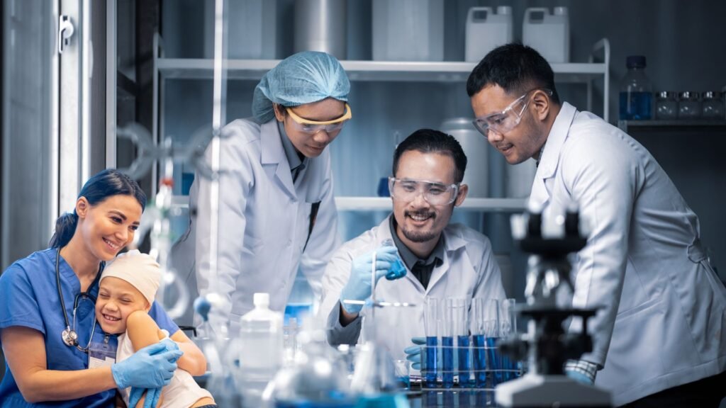 A team of scientists in a laboratory conducting experiments with blue liquid in test tubes, while a nurse embraces a smiling child wearing a headscarf, symbolizing hope and medical progress.